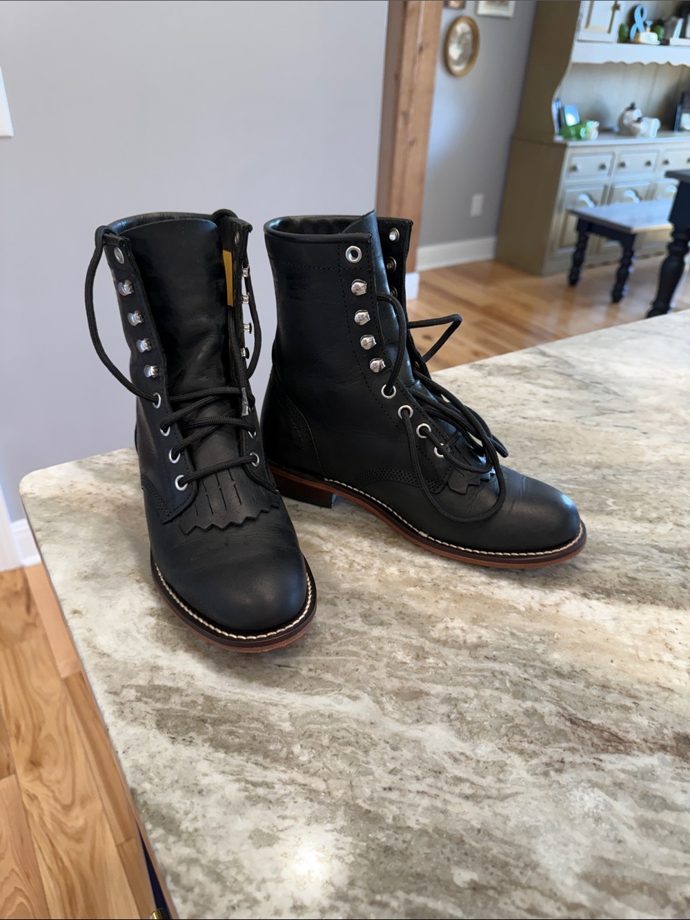 Justin Boots Black Leather Women's Lace-Up Kiltie Ankle Boots